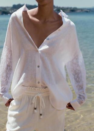 Рубашка женская zara, цвет белый😍 блуза льон