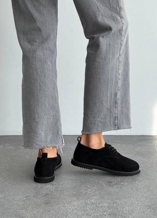 Женские туфли лоферы на шнурке черные замшевые barefoot