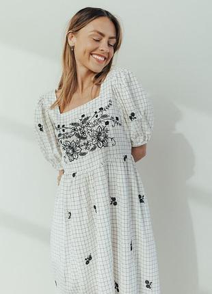 Сукня міді в клітинку натуральна вишиті квіти h&m zara primark