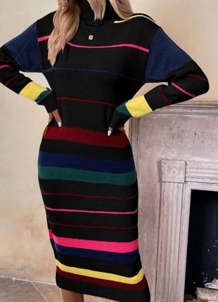Платье свитер, платье трикотажное вязаное черное, колор блок, в полоску