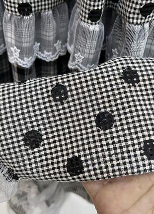 Длинная юбка макси с воланами рюшами клетка горох черно-белая8 фото