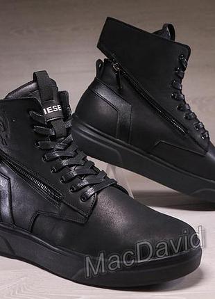 Зимові шкіряні черевики на хутрі diesel black wing