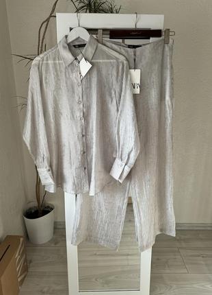 Костюм из органзы от zara, стильный комплект брюки и рубашка зара
