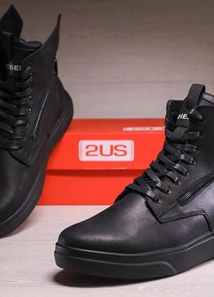 Зимові шкіряні черевики на хутрі diesel black wing