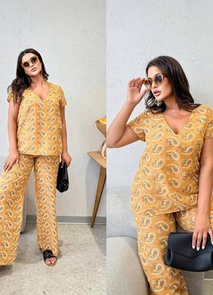 Практичный стильный костюм, брюки прямого покроя, норма и батал, льняной