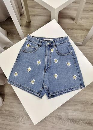 Шорты с вышивкой шорты с ромашками шорты высокая посадка zara