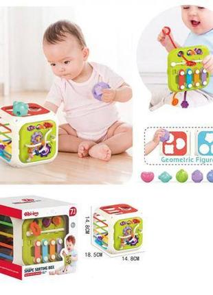 Игра куб, 14*15*16см, 7в1, развивающий, грани-резинки, ксилофон-4 тона, подвижные детали, сортер, фигурки*погремушка 6шт