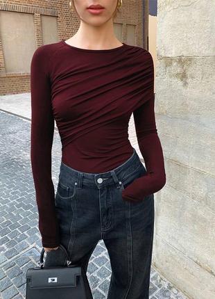 Боди с драпировкой, микродайвинг, боди, водолазка, лонгслив, лонгслив