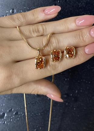 Розкішний комплект, кулон-ланцюг та сережки-цвяшки з вогняним камінням! позолота, не темніє роками! ідеально на подарунок 🎁