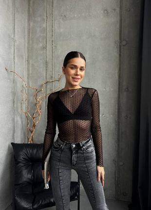 Кофта женская с сеткой гипюровая на длинный рукав с кружевом а горошек качественная базовая черная