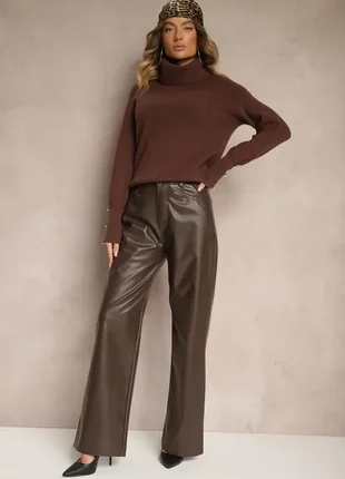 Кожаные коричневые шоколадные женские брюки прямые осенние зимние теплые
