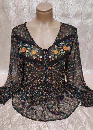Нова чорна в квіти шифонова блуза вишивка 48