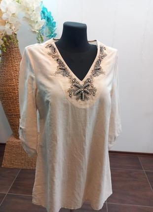 Льняная рубашка блуза с вышивкой бисером canda