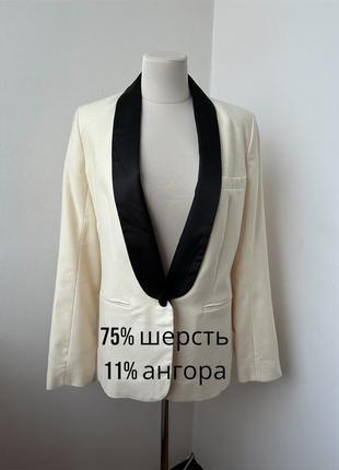 Неймовірний ексклюзивний шерстяний жакет із акцентним воротніком із атласу , шерстяний піджак в кольорі вершкового масла із вовни