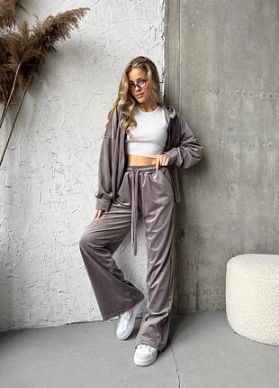 Велюровый спортивный костюм с кофтой на молнии с капюшоном с широкими брюками с шнурками