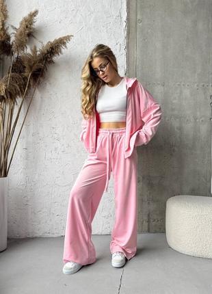 Велюровый спортивный костюм с кофтой на молнии с капюшоном с широкими брюками с шнурками