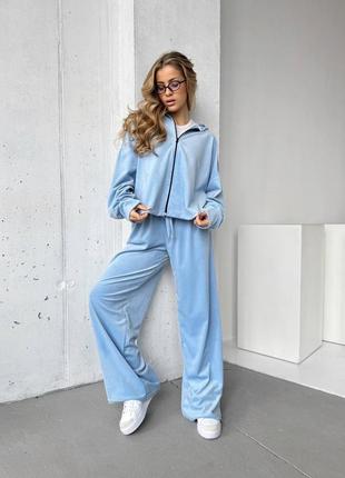 Велюровый спортивный костюм с кофтой на молнии с капюшоном с широкими брюками с шнурками