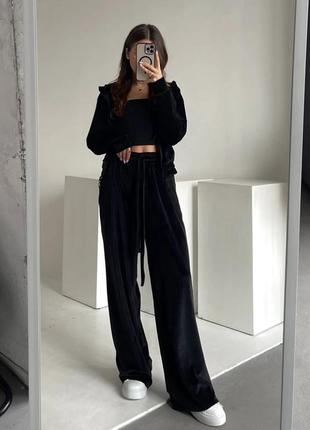 Велюровий костюм оверсайз (зіп худі на замку та штани палаццо) широкі жіночий білий чорний