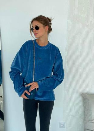 Лонг из мягкого велюра женский лонгслив кофта с вышивкой оверсайз спортивная повседневная