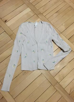 Натуральний кардиган в рубчик від h&m з вишивкою квіти 🌸🌷🪷
