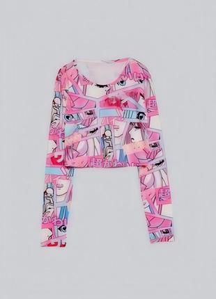 Рожевий укорочений лонгслів-топ футболка з довгим рукавом принт аніме