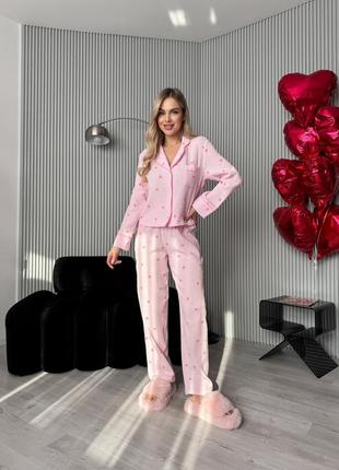 Розовая пижама из муслина домашний комплект с брюками и рубашкой