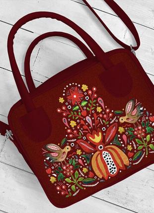 Сумка женская kitto птицы и цветы на бордовом фоне