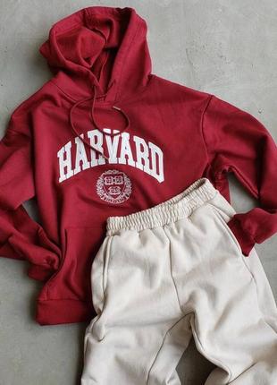 Жіночий костюм на флісі теплий худі з надписом harvard і + джогери повсякденний спортивний