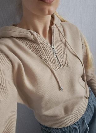 Вязаное худи свитшот zara с капюшоном