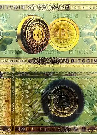 Біткоїн  / золотые банкноты 1 биткоин и 100 биткоин , пластик , / bitcoin