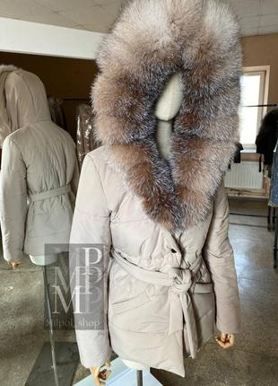 Жіночий зимовий бежевий плащ, куртка, пуховик з натуральним хутром блюфрост, 42-54 розміри