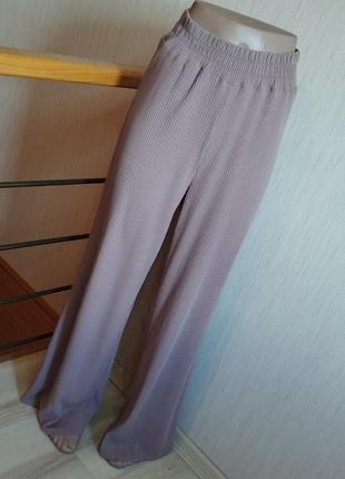 Женские бежевые трикотажные брюки рубчик палаццо на резинке