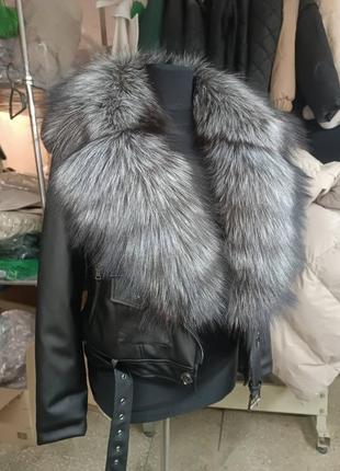 Жіноча косуха, куртка з гладкої еко-шкіри з натуральним хутром фінської чорнобурки, 42-54 розміри