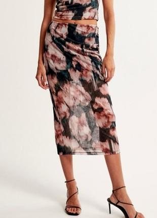 Пряма довга спідниця юбка сітка, фатін, з абстрактним принтом, чорна коричнева прозора з підкладкою