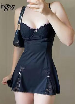 Платье мини, кружное с бантом на бретельках