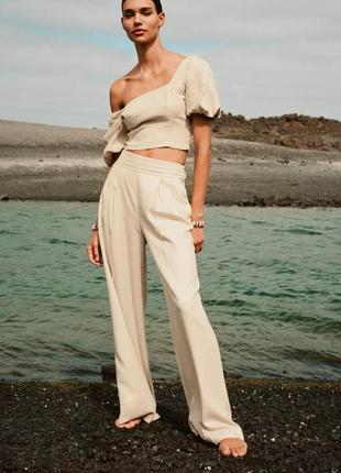 Льняной плотный костюм zara 50% льна комплект корсетный топ и широкие брюки брюки брючины набор
