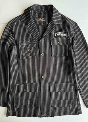 Стильный мужской стильный пиджак armani, чёрный в полоску, с накладными карманами, размер l (50) хлопок + полиэстер