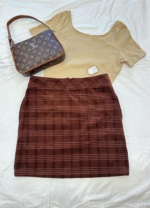 Next нова(з біркою) жіноча вельветова коричнева спідниця з кишенями, зимова тепла юбка в клітинку, розмір m/l