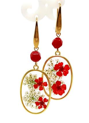 🔺🌹✨серьги настоящие цветы сухоцветы в эпоксидной смоле и коралл