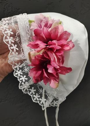 Праздничный чепчик,на крестины, шапочка для девочки, чепчик с кружевом