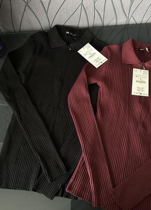 Лонгслив в рубчик zara, футболка в рубчик с воротником поло zara, 0858/818/681