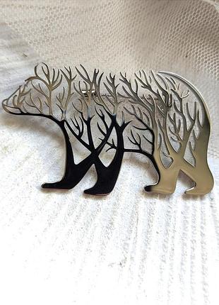 Брошка ведмідь сталь 5,5 см, унісекс, чоловіча, жіноча, дерево, гілка