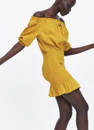 Zara новое с бирками лен вискоза короткое платье s натуральное жатка