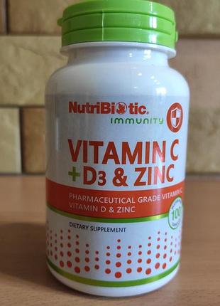 Nutribiotic, immunity, витамины c + d3 и цинк, 100 капсул