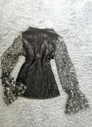 Велюровый бархатный golf водолазка внз стрейч елка с прозрачными рукавами вышивка и воланами