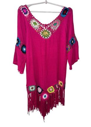 Р. 46-48/m-l ярко-розовая летняя туника с вышивкой и кисточками