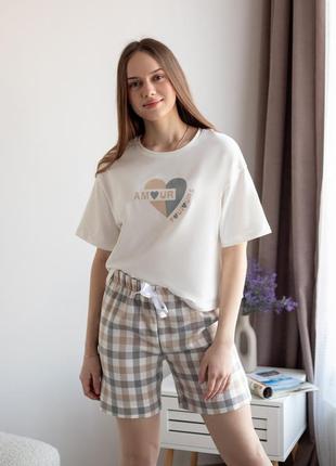 Легкая пижама хлопковая для женщин, женская пижама в клетку фемили лук