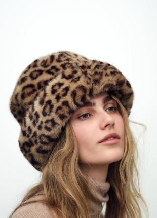 Шапка zara мех леопард как настоящий s  54-56