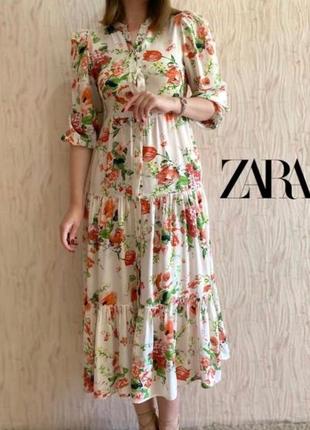 Ярусное длинное платье в цветы zara, длинное платье на пуговицах