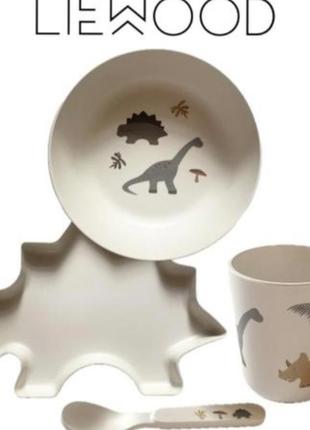 Детский столовый набор посуды из бамбука liewood dino для мальчика из 4 предметов.есть много посуды, игрушки, одежду